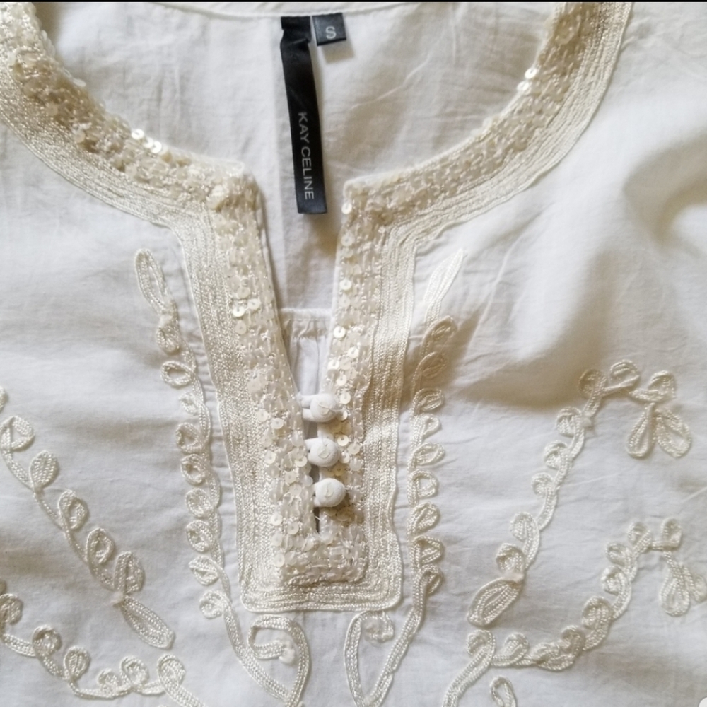 Kay Celine Embroidered Sequin Tunic Top White Size Small - Picture 3 of 8